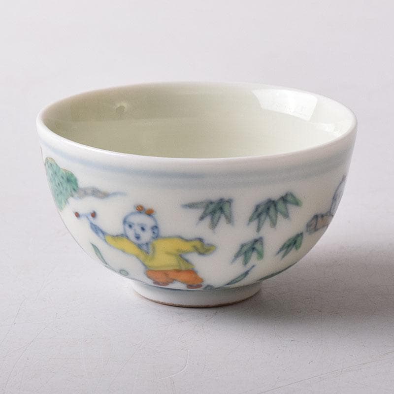 中国　大明成化年製　豆彩唐子文盃　酒盃　時代箱　C　7874