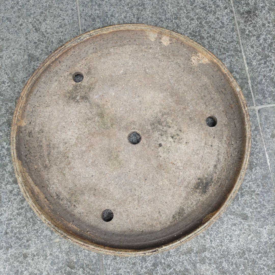 義村秀峰の盆栽鉢、山野草鉢、年代物、常滑焼、丸形皿鉢、和鉢、古鉢、民芸工芸士