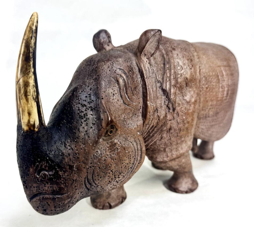 年代物 古唐木雕犀 唐木彫さい レア一点もの 金運招き 置物時代物WWWT033