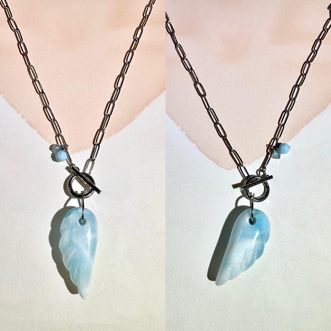 サージカルステンレス　ラリマー　羽　ネックレス　シルバー