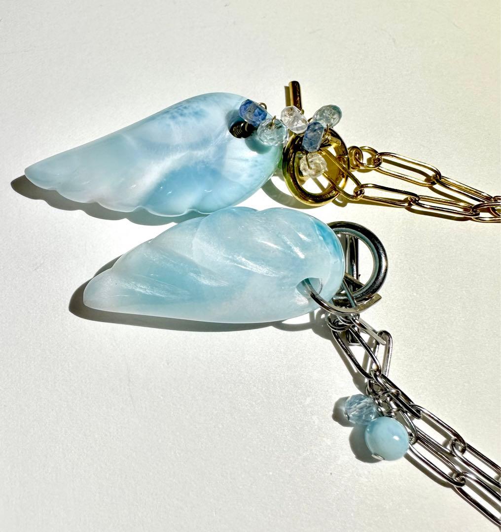 サージカルステンレス　ラリマー　羽　ネックレス　シルバー