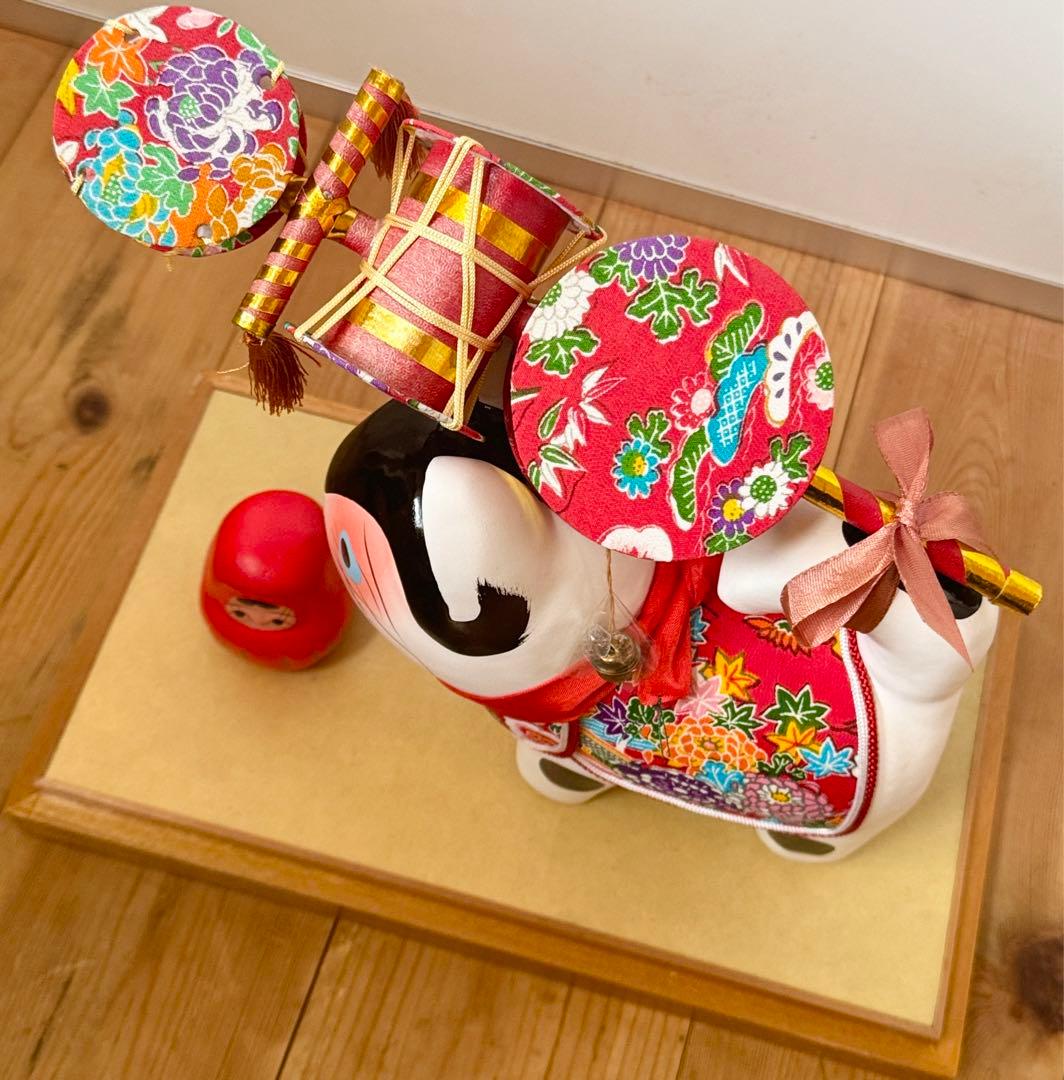 美品‼︎ ガラスケース入り　コマ犬とだるま張子　郷土玩具　　民藝