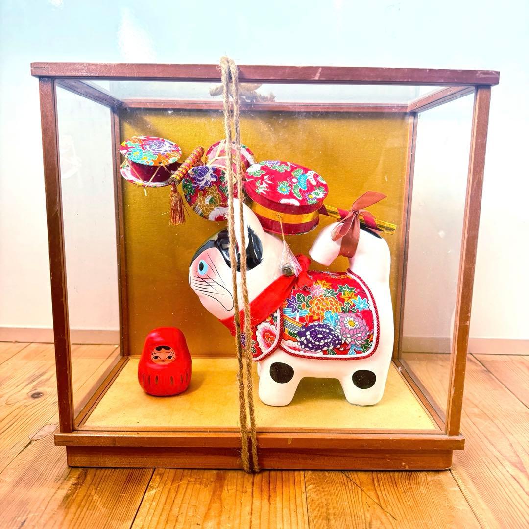 美品‼︎ ガラスケース入り　コマ犬とだるま張子　郷土玩具　　民藝