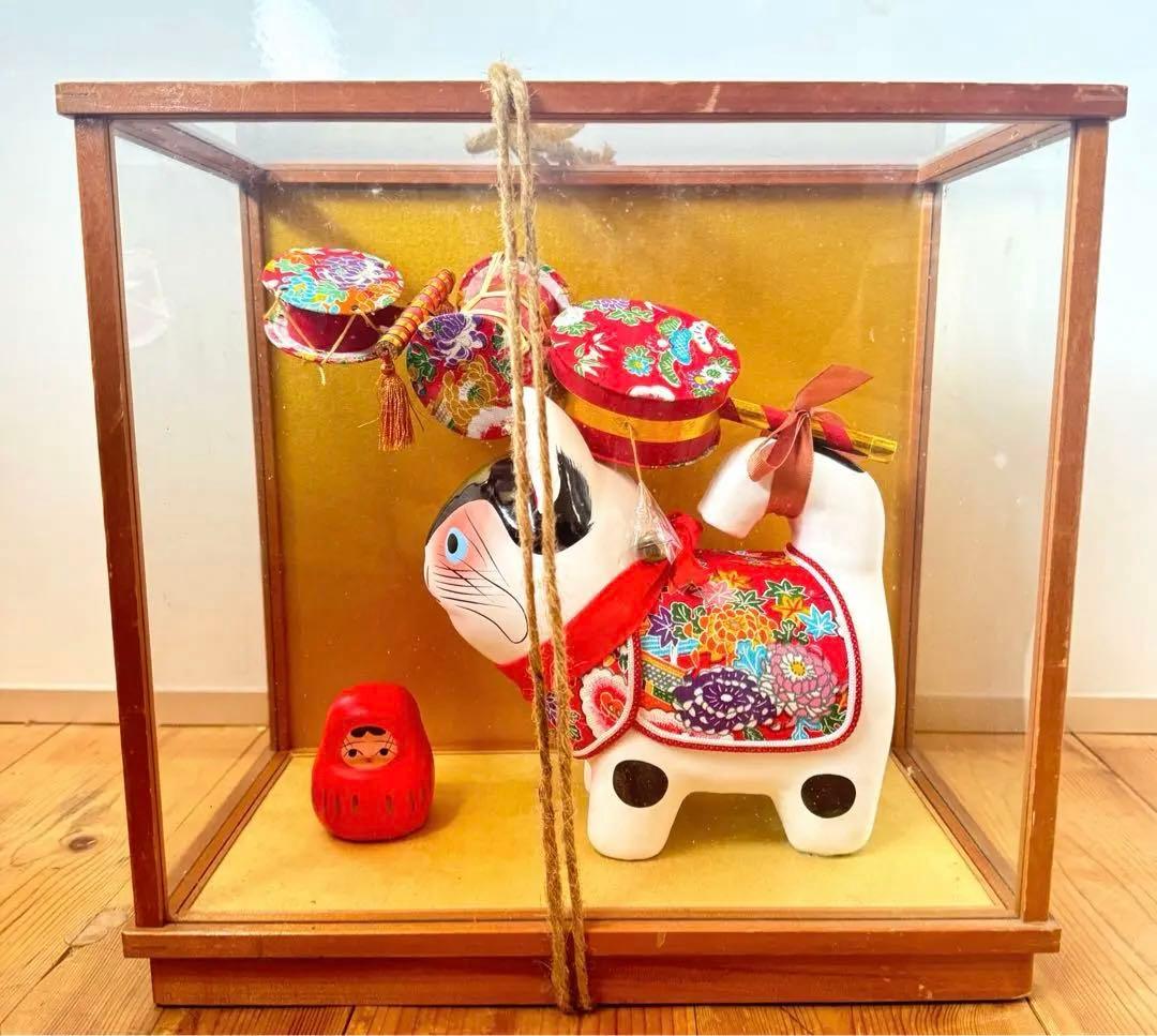 美品‼︎ ガラスケース入り　コマ犬とだるま張子　郷土玩具　　民藝
