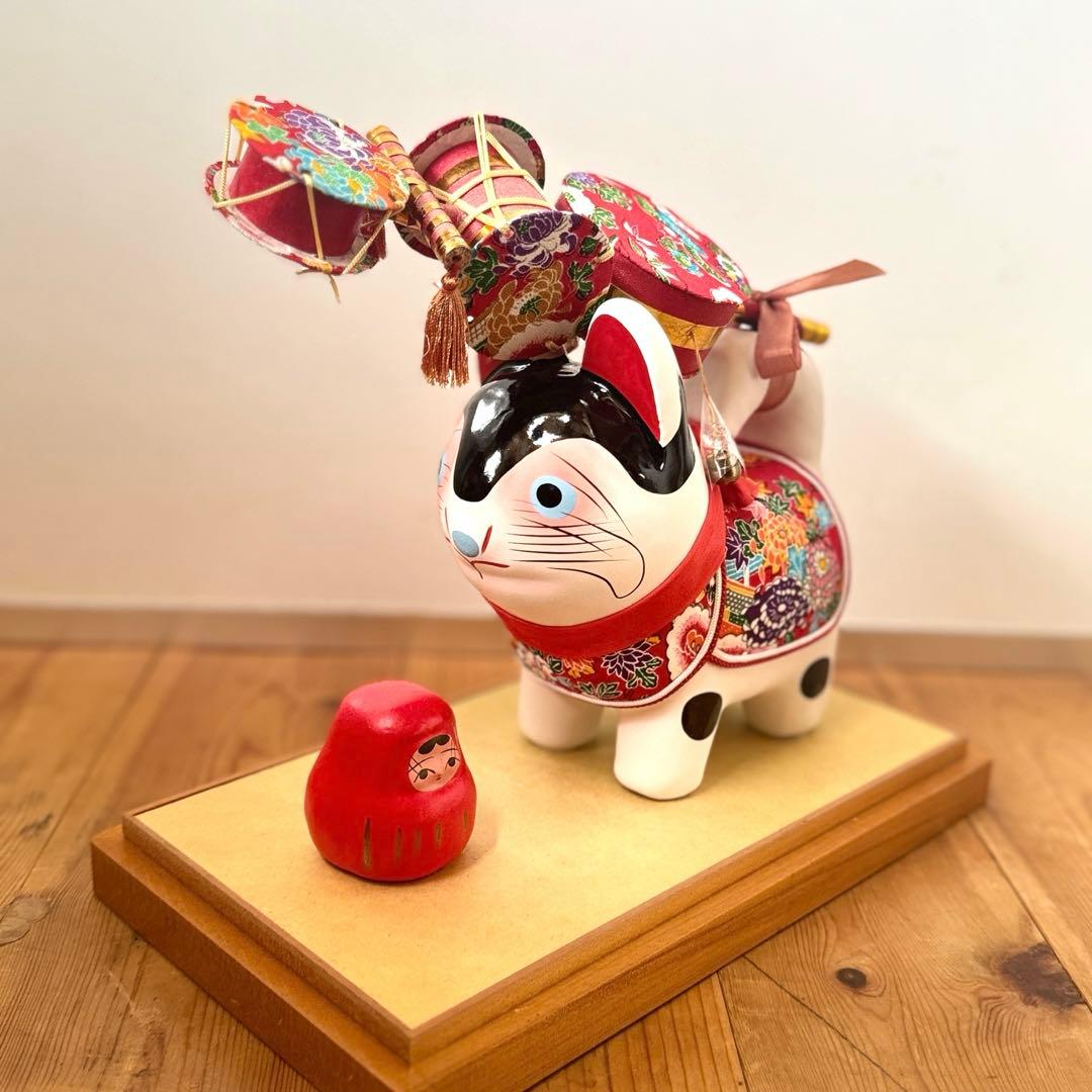 美品‼︎ ガラスケース入り　コマ犬とだるま張子　郷土玩具　　民藝