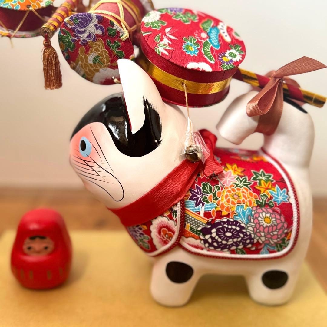 美品‼︎ ガラスケース入り　コマ犬とだるま張子　郷土玩具　　民藝