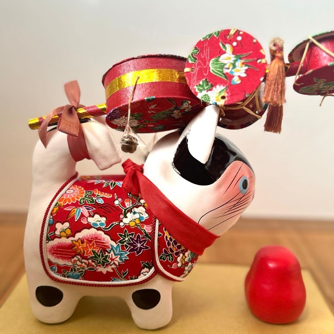 美品‼︎ ガラスケース入り　コマ犬とだるま張子　郷土玩具　　民藝