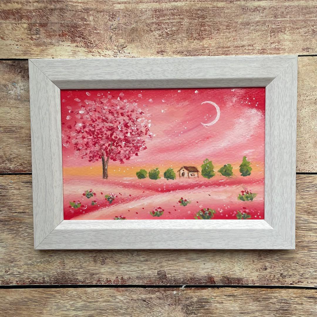 オイルパステル画　アクリル画　いちご色の風景　No.7 風景画　ご予約品