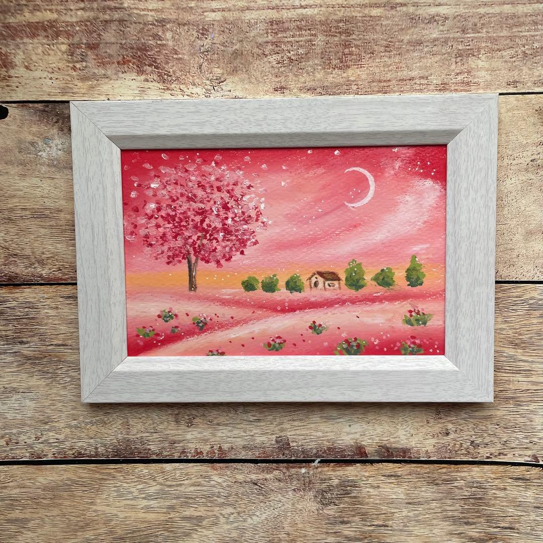オイルパステル画　アクリル画　いちご色の風景　No.7 風景画　ご予約品