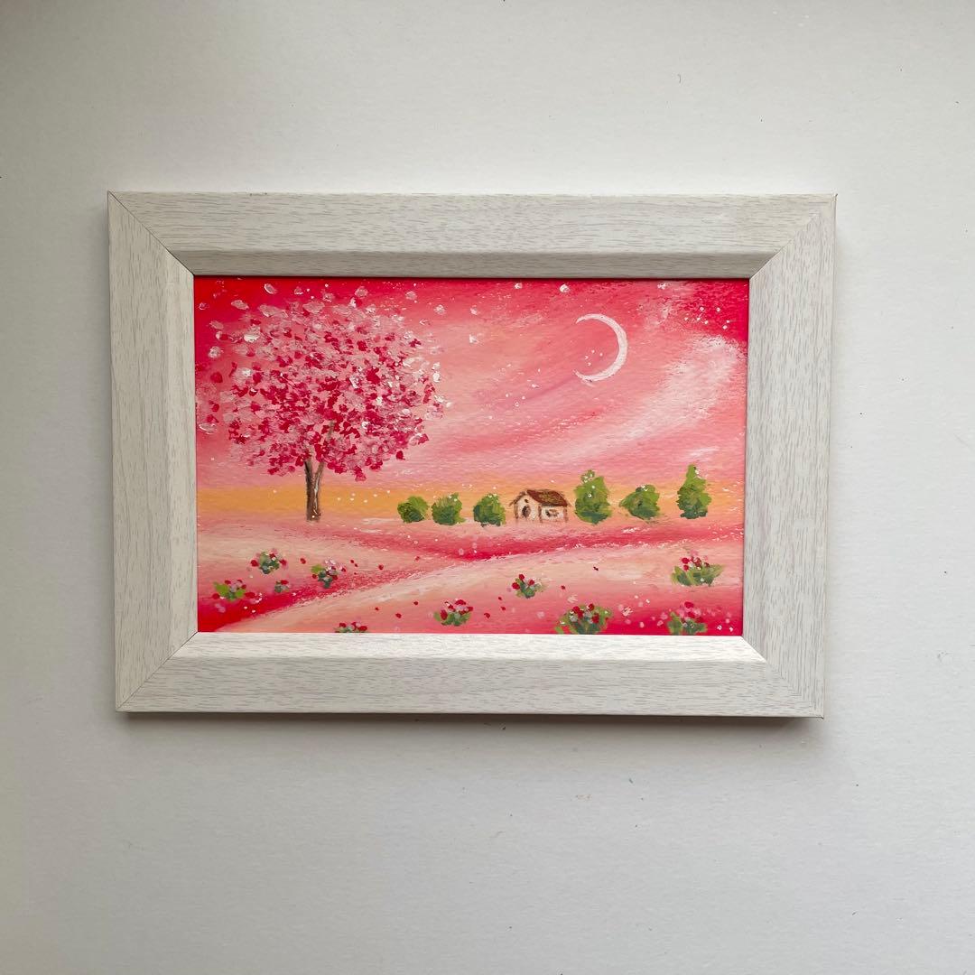 オイルパステル画　アクリル画　いちご色の風景　No.7 風景画　ご予約品