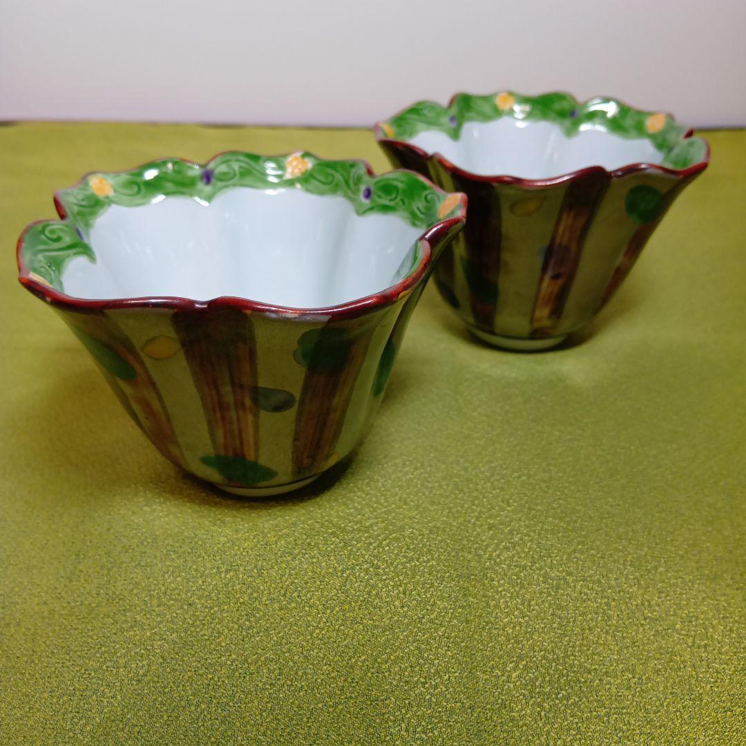 骨董 小鉢 花型 輪花 銀 グリーン 皿 レア ボウル 2枚