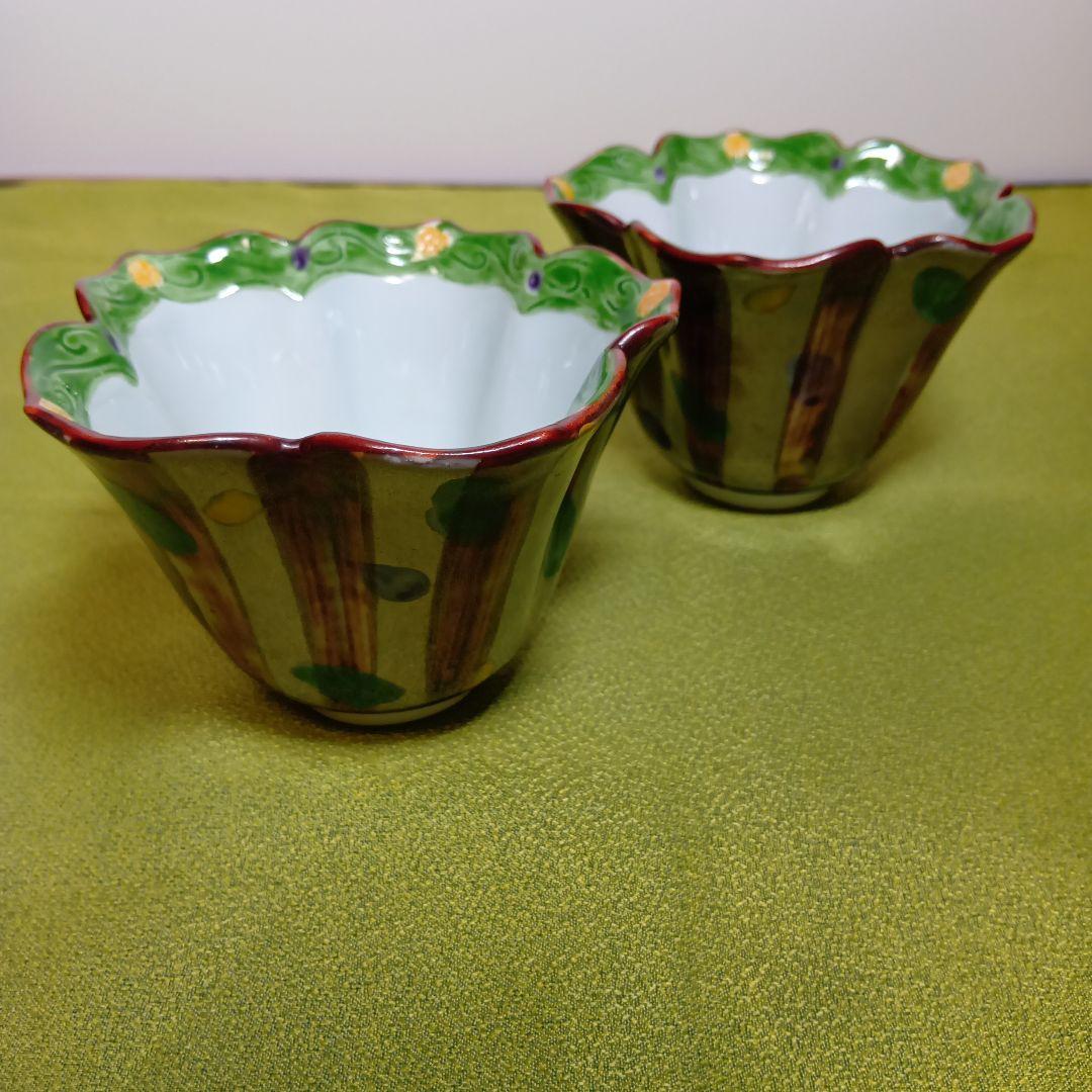 骨董 小鉢 花型 輪花 銀 グリーン 皿 レア ボウル 2枚