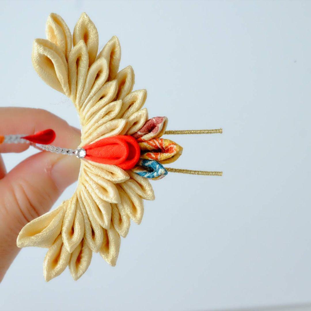 ちょい足しにも】正絹・淡金色の鶴の髪飾り7かんざし成人式卒業式和装ヘア和モダン