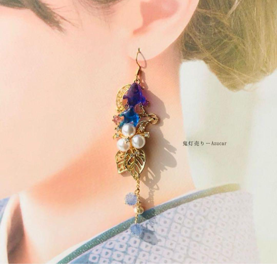 蒼紫金魚と蓮の和風ピアス イヤリング 蝶々と淡水パール、ロングタッセル付き