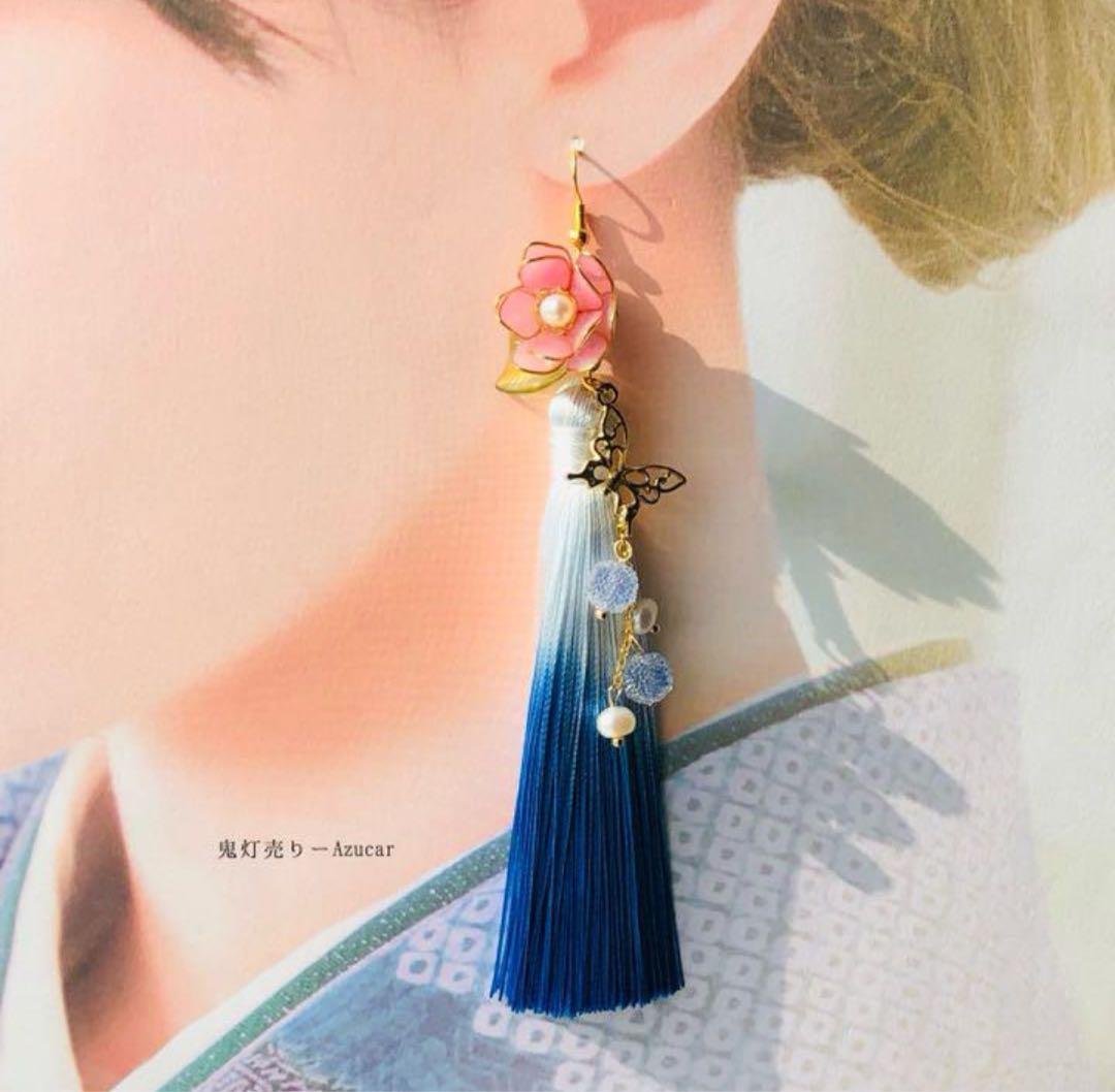 蒼紫金魚と蓮の和風ピアス イヤリング 蝶々と淡水パール、ロングタッセル付き