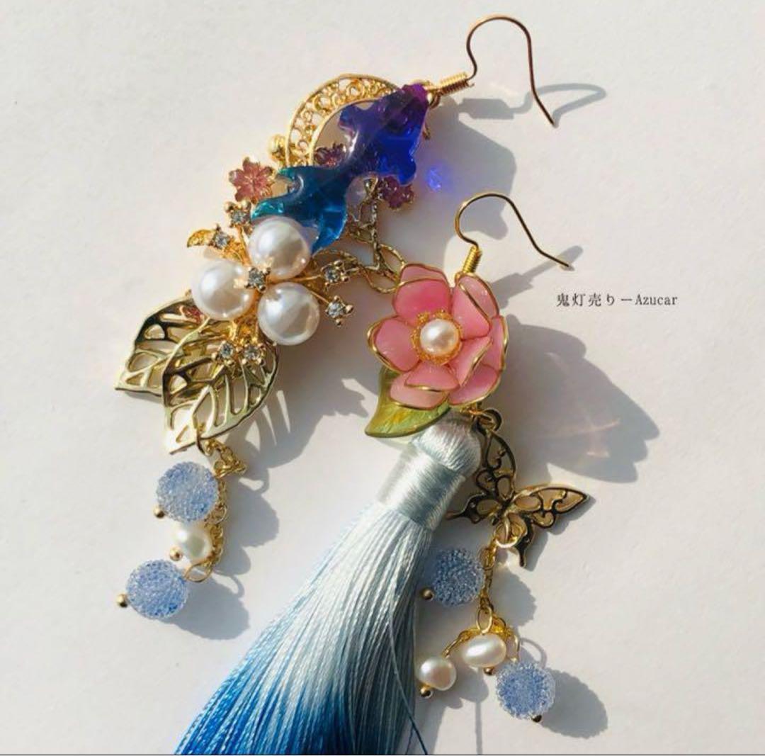 蒼紫金魚と蓮の和風ピアス イヤリング 蝶々と淡水パール、ロングタッセル付き