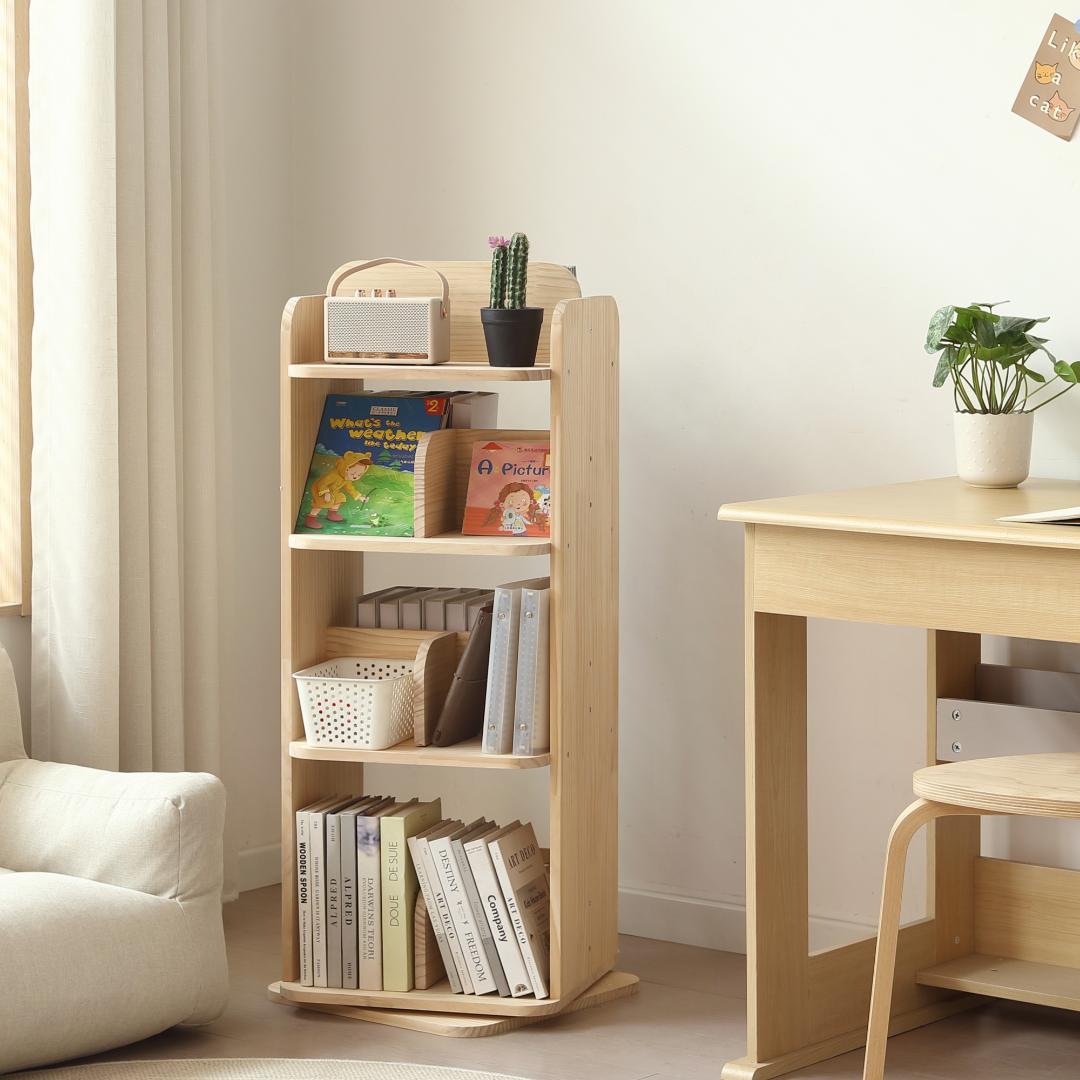 【4段 】本棚 回転式 天然木製 パイン材 絵本棚 図鑑対応 コミック収納棚