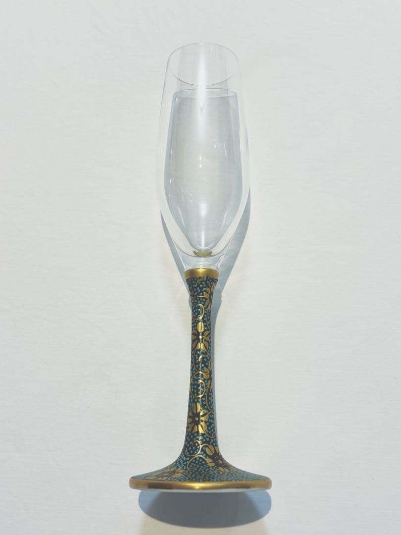 鏑木×Spiegelau 青と金の花柄装　フルートグラス