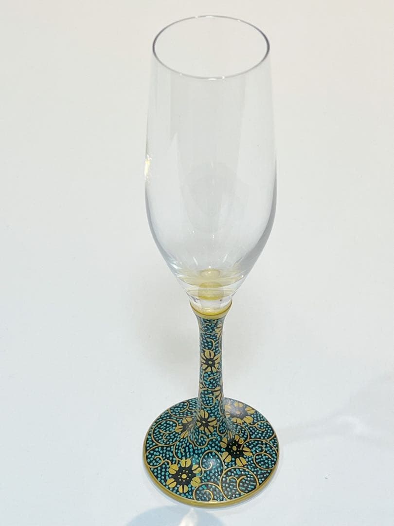 鏑木×Spiegelau 青と金の花柄装　フルートグラス