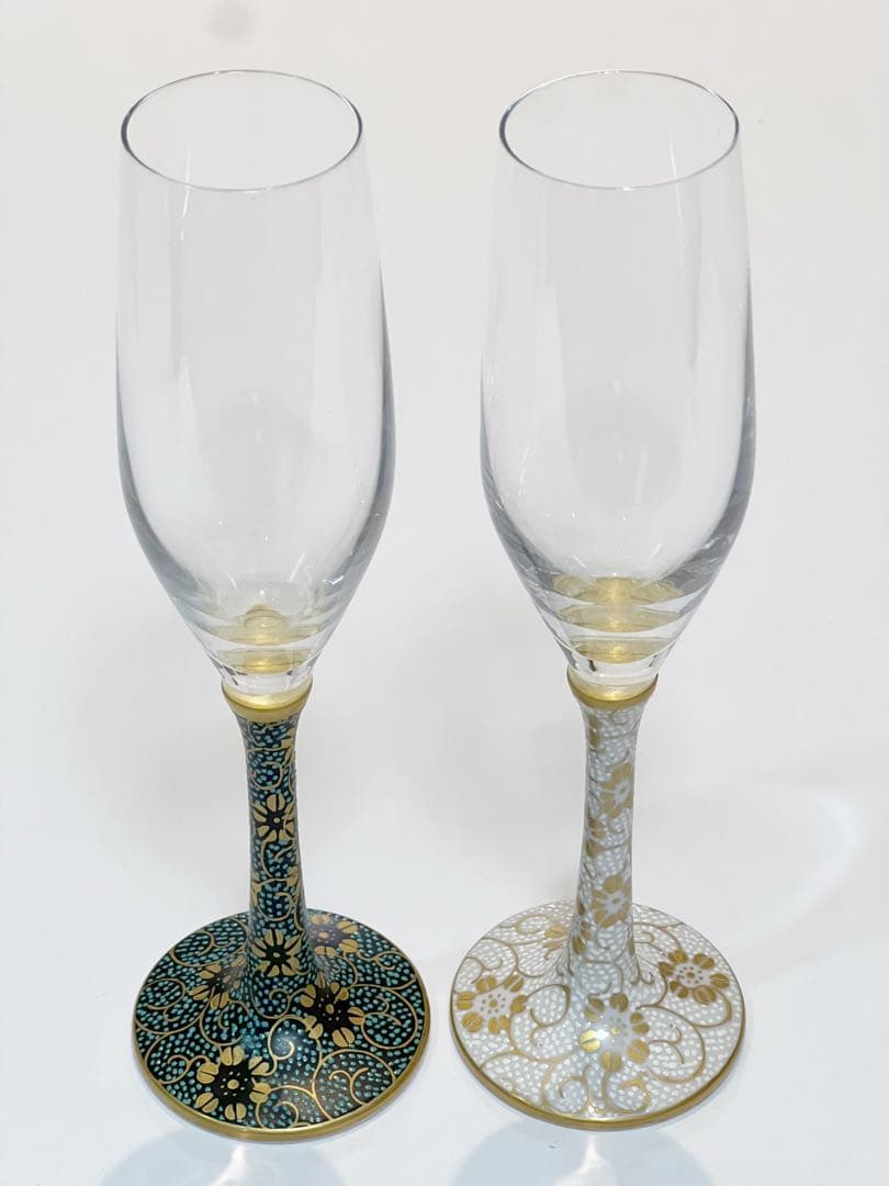 鏑木×Spiegelau 青と金の花柄装　フルートグラス
