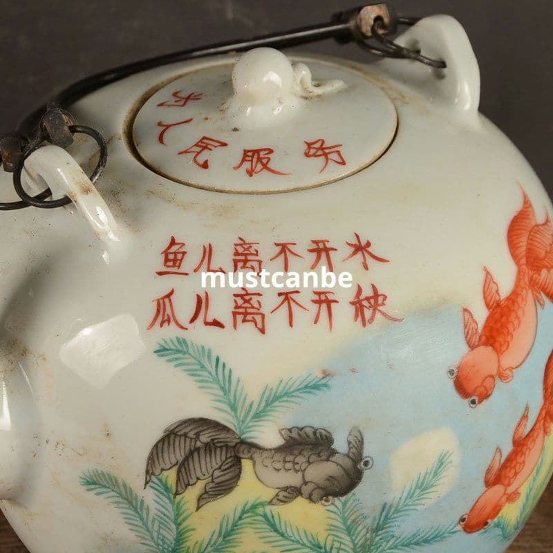 景徳鎮 陶磁器 手描きパステル魚提梁湖 茶壺 煎茶器 装飾品 現代工芸品 置物