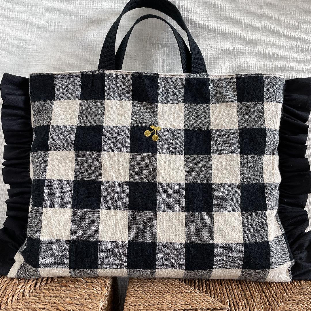 入園　入学　ブロックチェック　黒フリル　レッスンバッグ セット