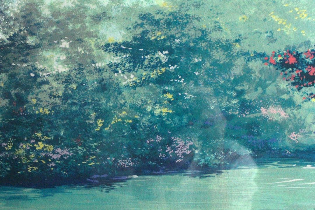 No4827額装　マリー・クライン　シルクスクリーン　花のある川辺風景　送料無料