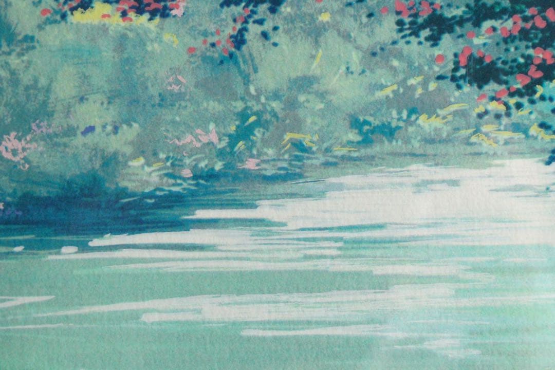 No4827額装　マリー・クライン　シルクスクリーン　花のある川辺風景　送料無料