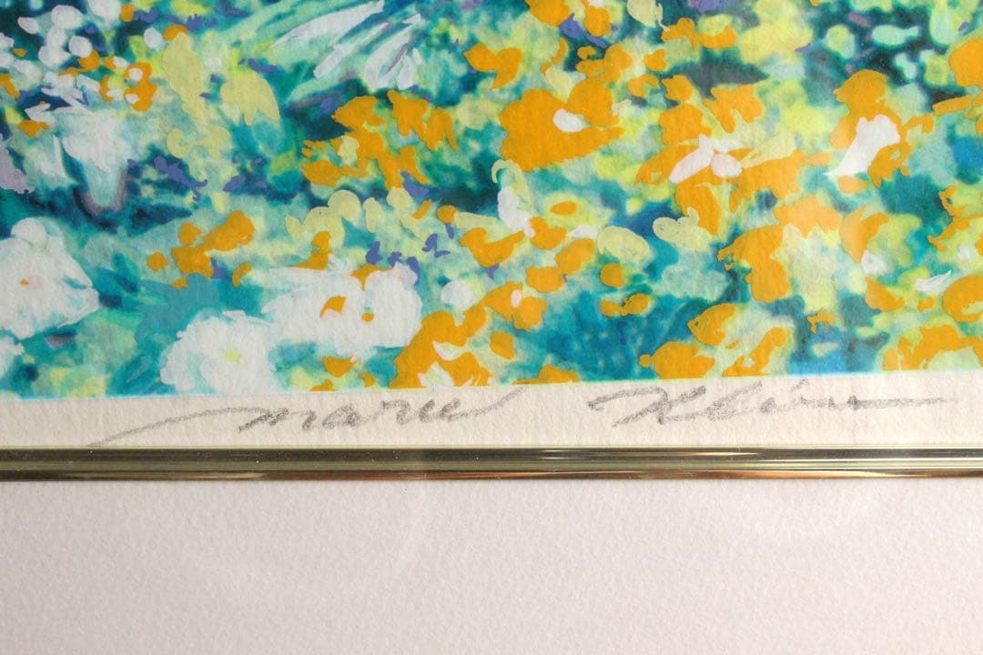 No4827額装　マリー・クライン　シルクスクリーン　花のある川辺風景　送料無料