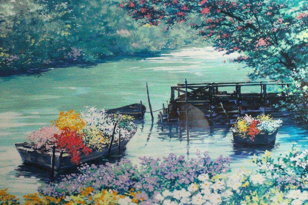 No4827額装　マリー・クライン　シルクスクリーン　花のある川辺風景　送料無料