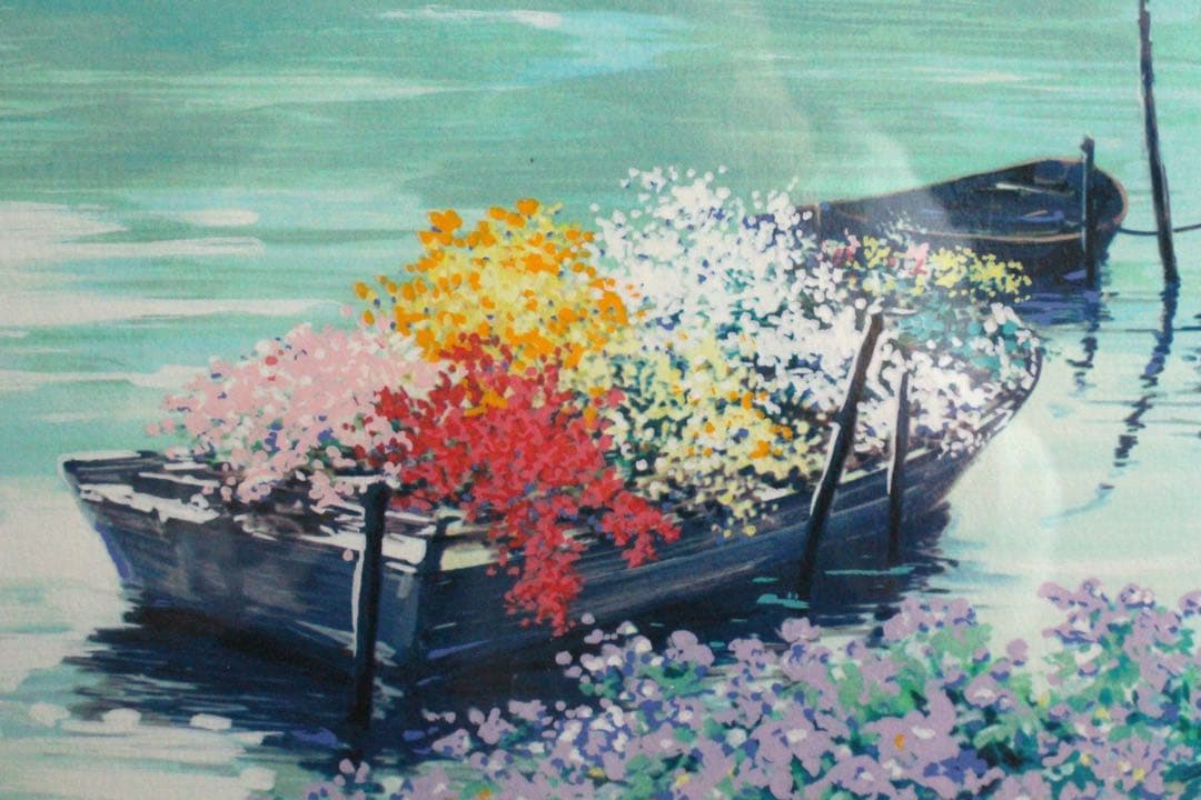 No4827額装　マリー・クライン　シルクスクリーン　花のある川辺風景　送料無料