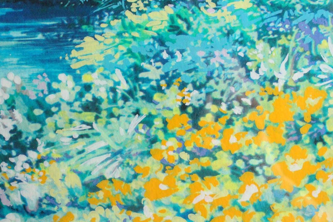 No4827額装　マリー・クライン　シルクスクリーン　花のある川辺風景　送料無料