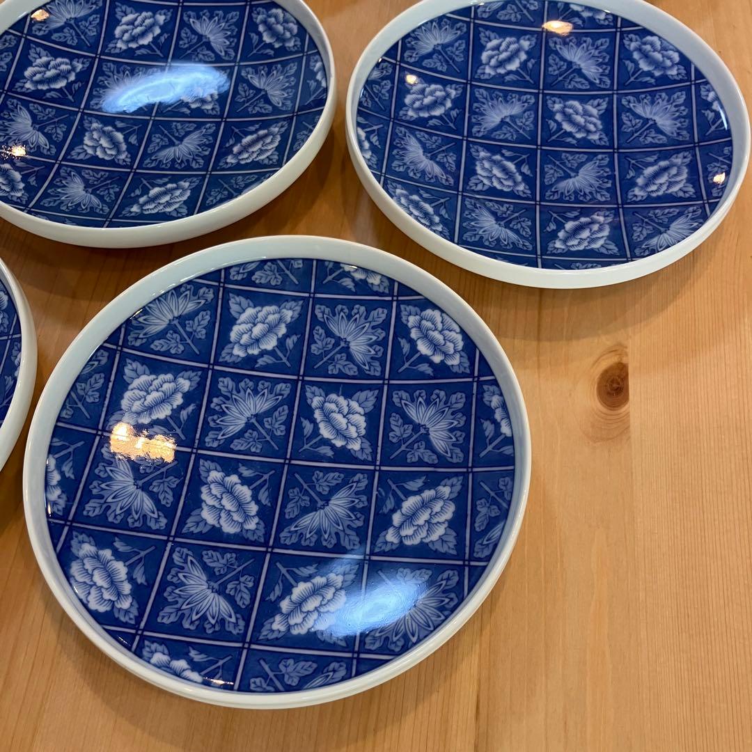 A2G30■オールド香蘭社 染付格子菊牡丹絵 丸皿8枚 取り皿 銘々皿