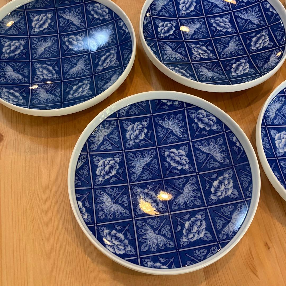 A2G30■オールド香蘭社 染付格子菊牡丹絵 丸皿8枚 取り皿 銘々皿