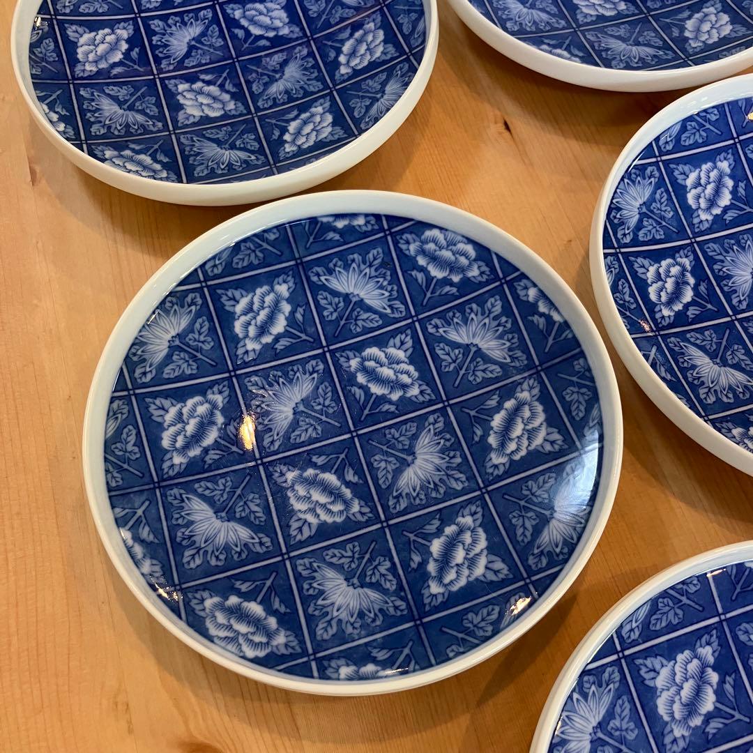 A2G30■オールド香蘭社 染付格子菊牡丹絵 丸皿8枚 取り皿 銘々皿