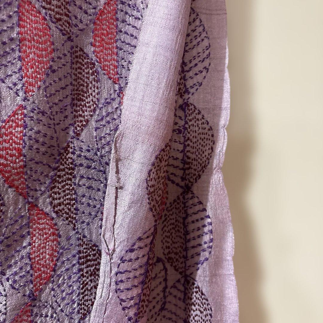 タッサーシルクストール　総刺繍　カンタ　野蚕ストール　シルク100%