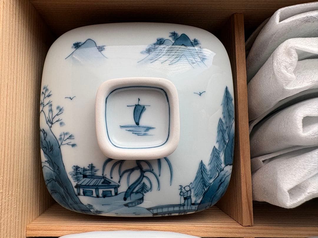 【新品未使用】有田焼 白川谷 華山窯 内外山水　蒸椀揃　五客　最高級品