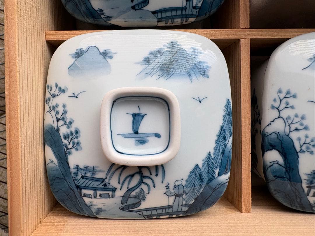 【新品未使用】有田焼 白川谷 華山窯 内外山水　蒸椀揃　五客　最高級品