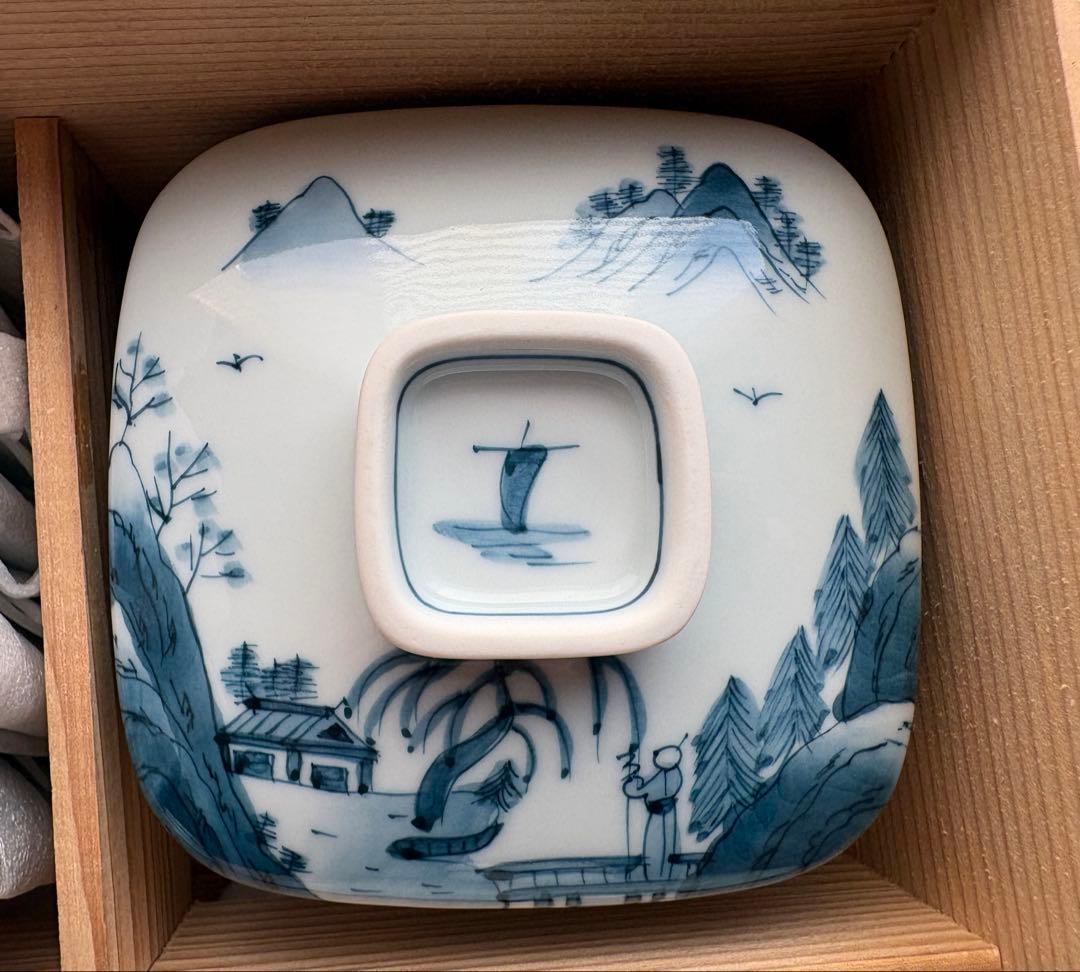 【新品未使用】有田焼 白川谷 華山窯 内外山水　蒸椀揃　五客　最高級品