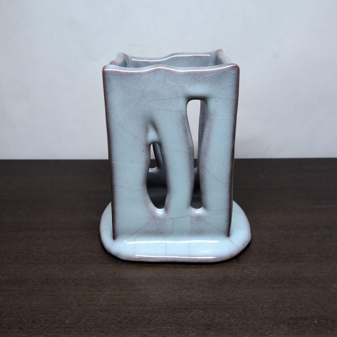 高垣篤 作 茜青瓷 筆筒 共布 共箱 書道具