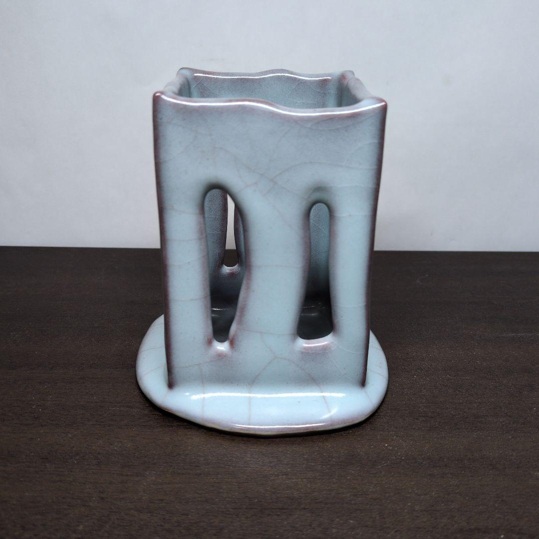 高垣篤 作 茜青瓷 筆筒 共布 共箱 書道具