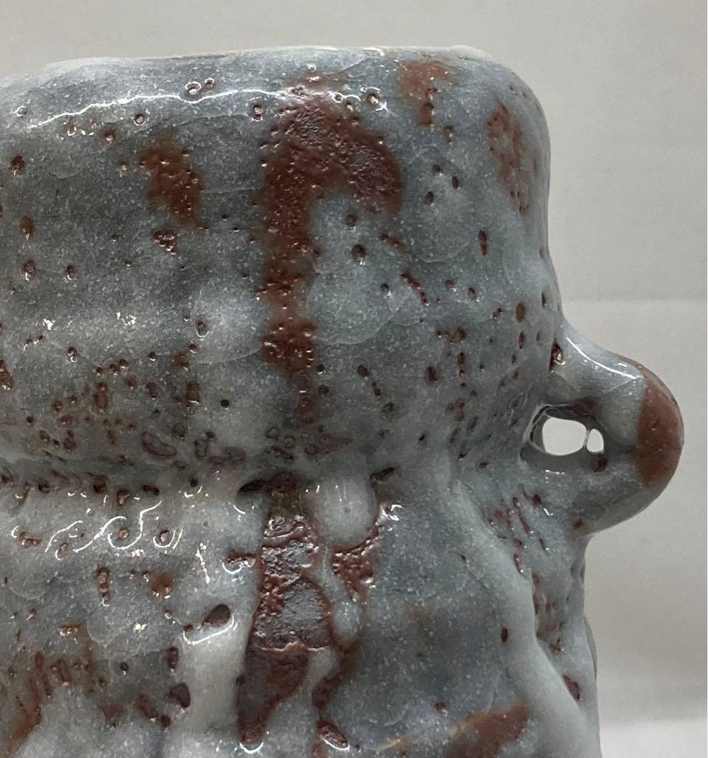 B189b 山田正和造　「鼠志野耳付花瓶」共箱　陶歴紙有　白山窯　花道具茶道具