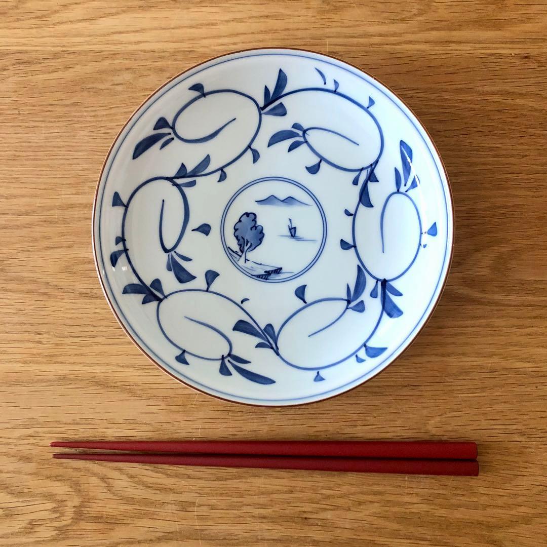 値下げ【未使用】波佐見焼 洸琳窯 染付 山水唐草 皿 18cm 和皿