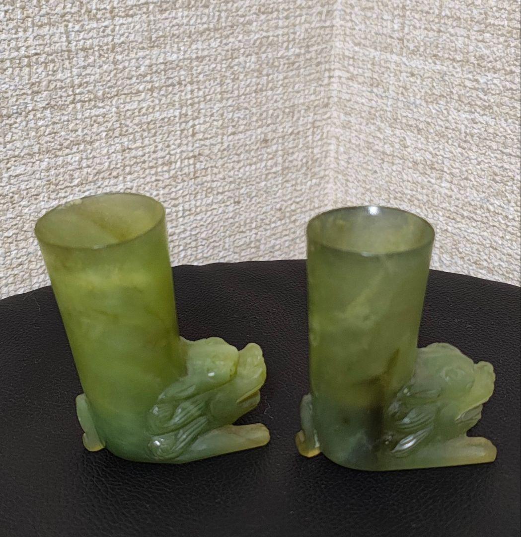 天然石彫刻　緑玉石 筆筒 2個セット　置物 古美術品