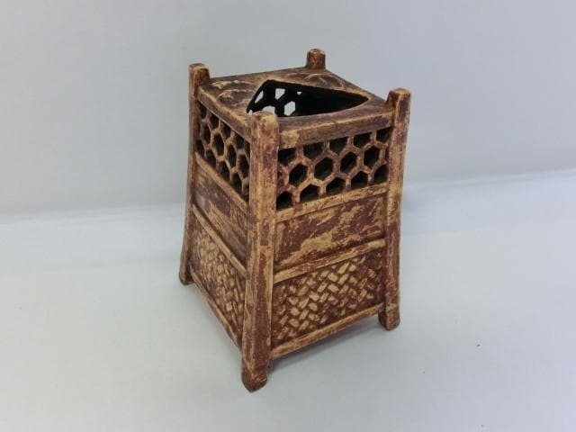 筆立■「木米」茶杓立て 筆筒 古い籠型透かし筆立て 四足 扇型穴 櫓型 骨董品■