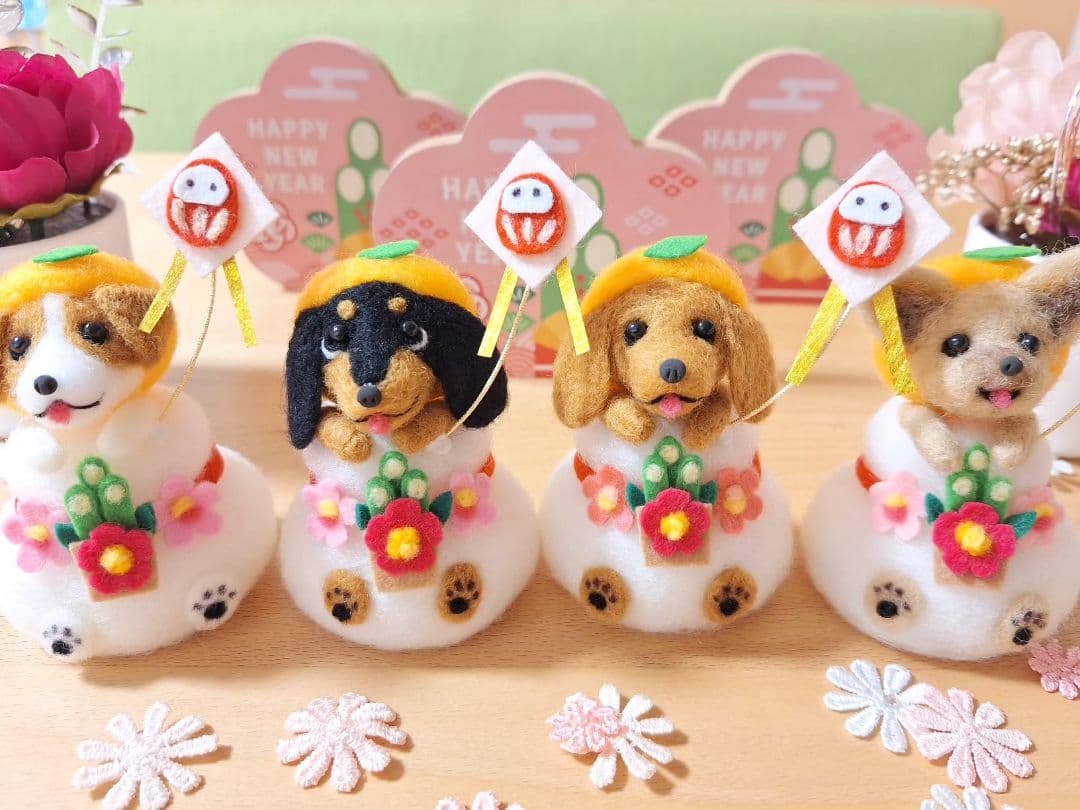 鏡餅わんこ ダックス ブラックタン ☆羊毛フェルト ぬいぐるみ お正月 犬