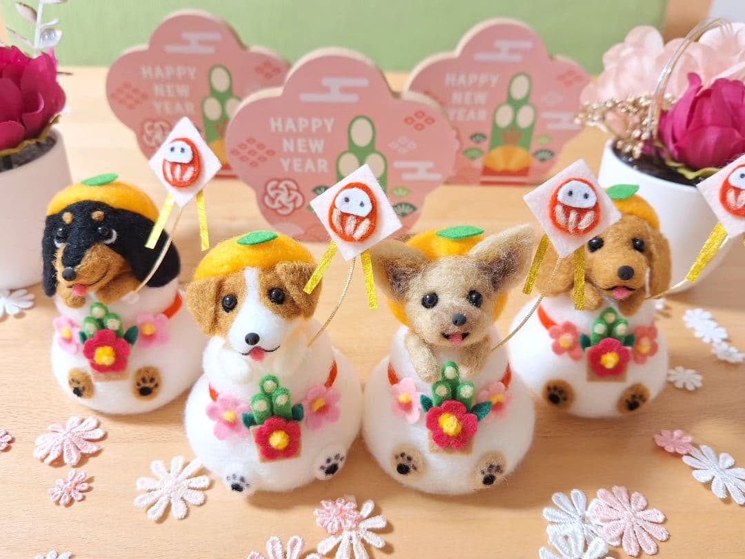 鏡餅わんこ ダックス ブラックタン ☆羊毛フェルト ぬいぐるみ お正月 犬