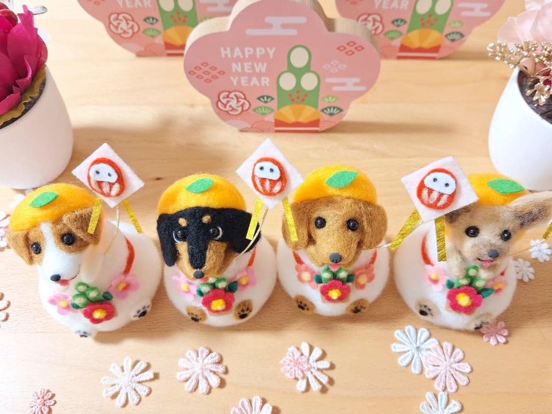 鏡餅わんこ ダックス ブラックタン ☆羊毛フェルト ぬいぐるみ お正月 犬