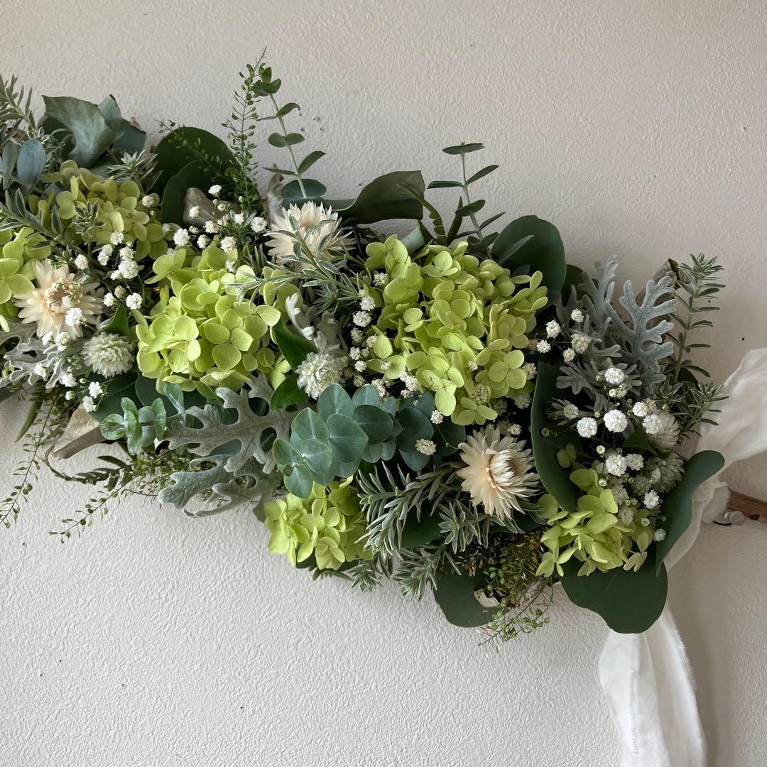 アナベルとユーカリのホワイトグリーンな2Wayガーランド　貝細工　千日紅