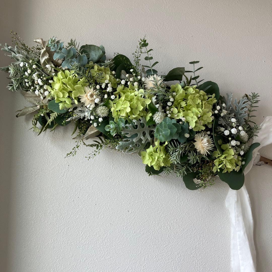 アナベルとユーカリのホワイトグリーンな2Wayガーランド　貝細工　千日紅